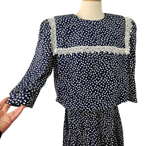 80s Puritan Collar Dress Blouson Drop Waist 3/4 Sleeve Navy White Act II Size 16 - Picture 2 of 12